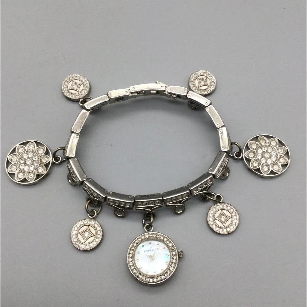 Anne Klein Watch Women 20mm Silver Tone Bling Charm Bracelet Band New Battery 7